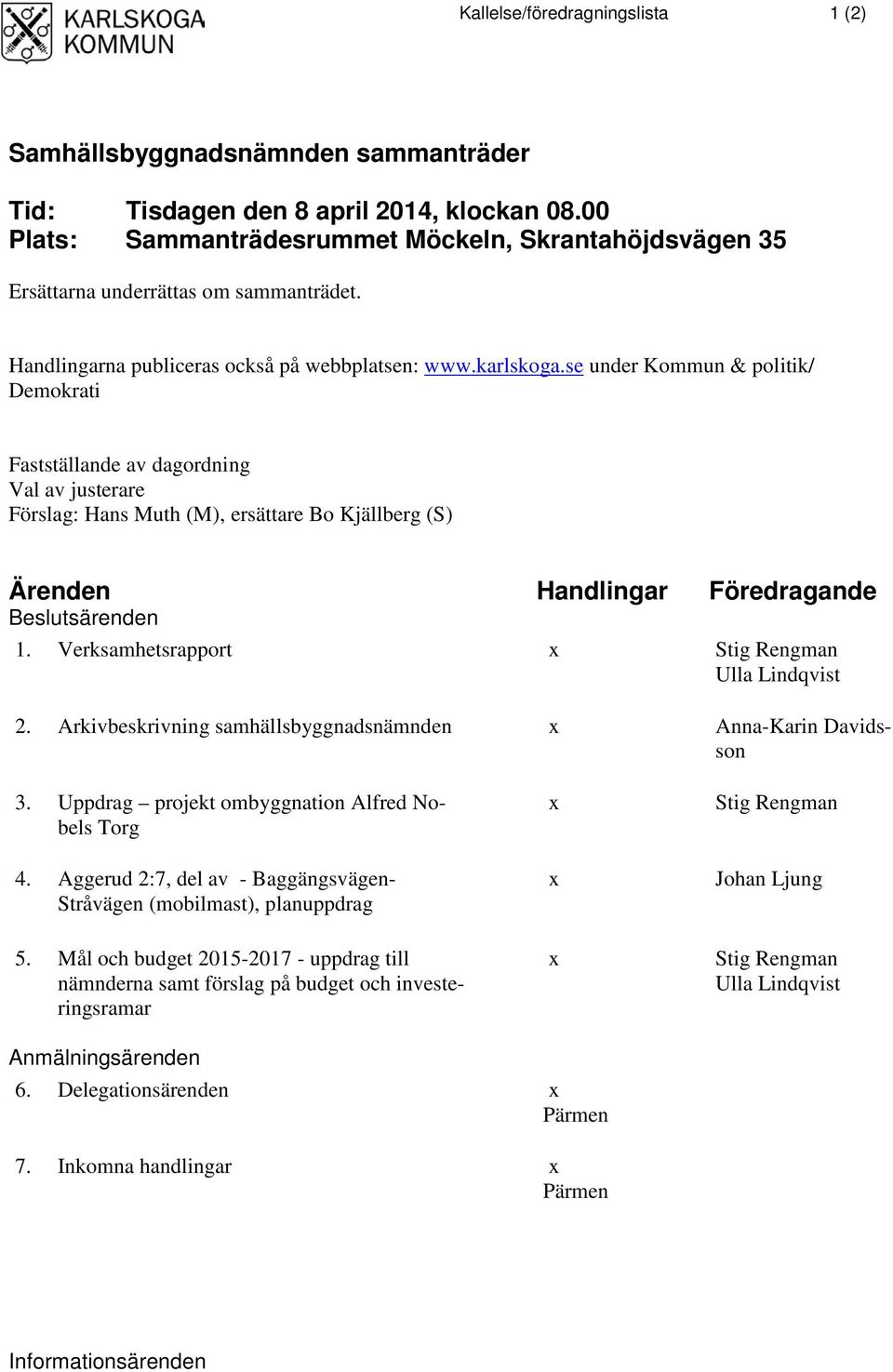 se under Kommun & politik/ Demokrati Fastställande av dagordning Val av justerare Förslag: Hans Muth (M), ersättare Bo Kjällberg (S) Ärenden Handlingar Föredragande Beslutsärenden 1.