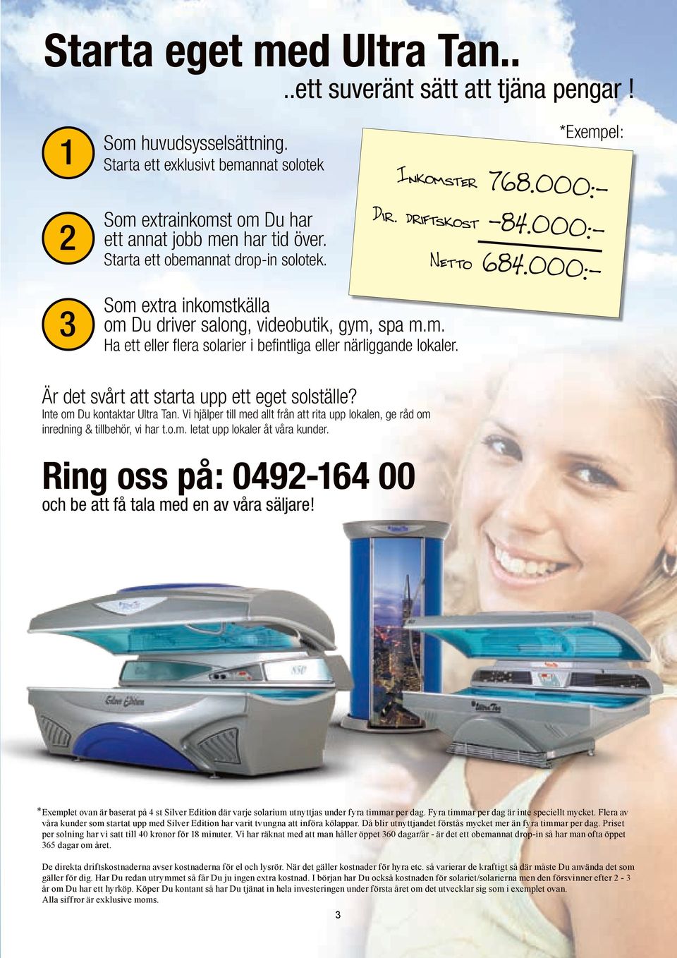 0 00:- Starta ett exklusivt bemannat solotek Inkomster Starta ett obemannat drop-in solotek. Ha ett eller flera solarier i befintliga eller närliggande lokaler.