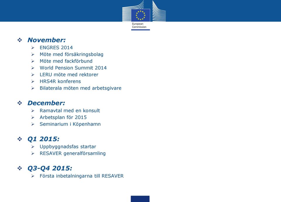 December: Ramavtal med en konsult Arbetsplan för 2015 Seminarium i Köpenhamn Q1 2015: