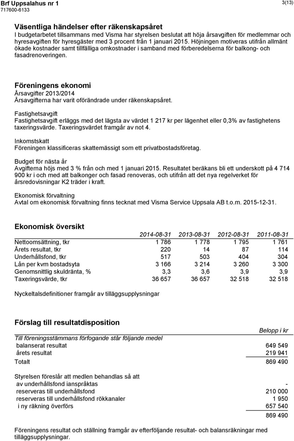 Föreningens ekonomi Årsavgifter 2013/2014 Årsavgifterna har varit oförändrade under räkenskapsåret.