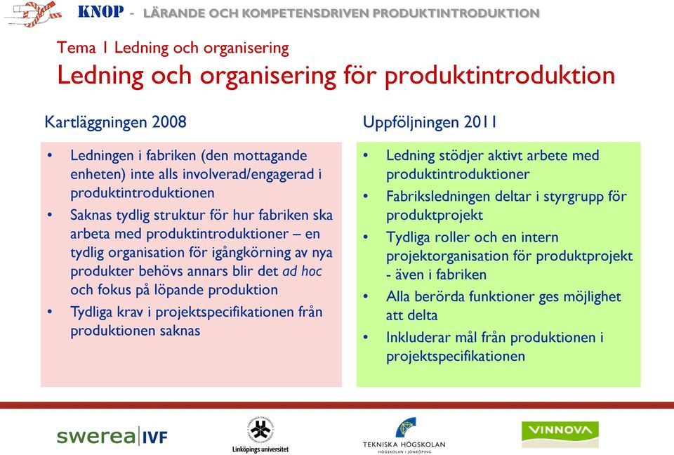 på löpande produktion Tydliga krav i projektspecifikationen från produktionen saknas Uppföljningen 2011 Ledning stödjer aktivt arbete med produktintroduktioner Fabriksledningen deltar i styrgrupp