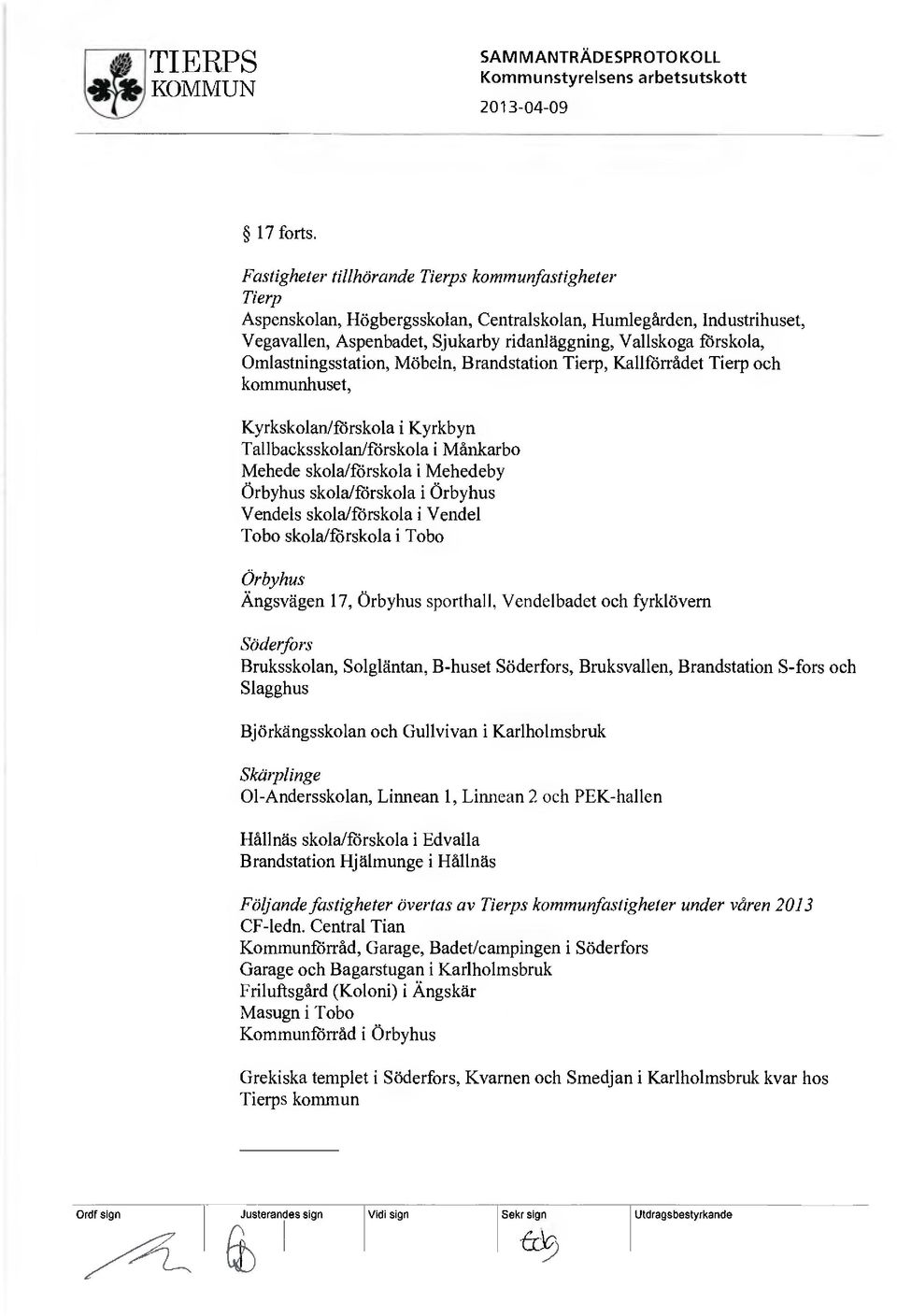 Omlastningsstation, Möbeln, Brandstation Tierp, Kallförrådet Tierp och kommunhuset, Kyrkskolan/förskola i Kyrkbyn Tallbacksskolardförskola i Månkarbo Mehede skola/förskola i Mehedeby Örbyhus