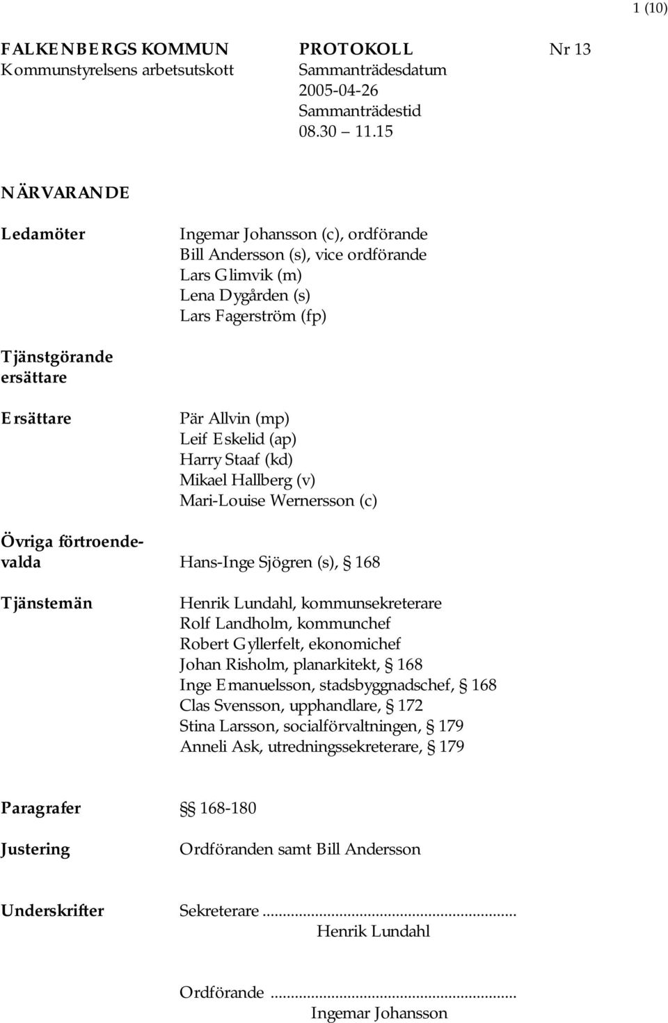 Leif Eskelid (ap) Harry Staaf (kd) Mikael Hallberg (v) Mari-Louise Wernersson (c) Övriga förtroendevalda Hans-Inge Sjögren (s), 168 Tjänstemän Henrik Lundahl, kommunsekreterare Rolf Landholm,