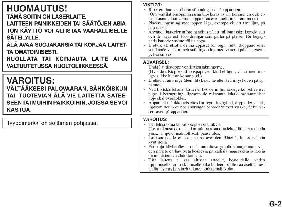 Tyyppimerkki on soittimen pohjassa. VIKTIGT: Blockera inte ventilationsöppningarna på apparaten.