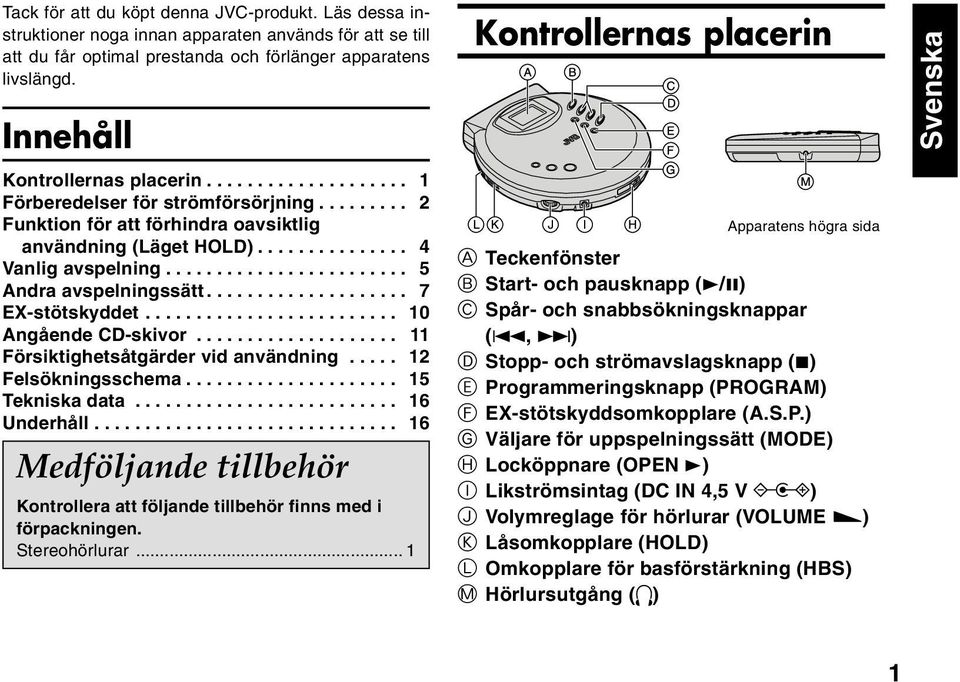 ....................... 5 Andra avspelningssätt.................... 7 EX-stötskyddet......................... 10 Angående CD-skivor.................... 11 Försiktighetsåtgärder vid användning.