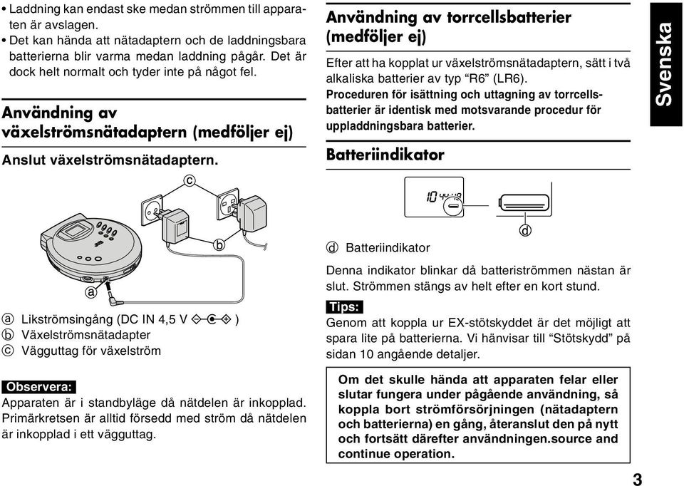 a Likströmsingång (DC IN 4,5 V ) b Växelströmsnätadapter c Vägguttag för växelström Observera: Apparaten är i standbyläge då nätdelen är inkopplad.