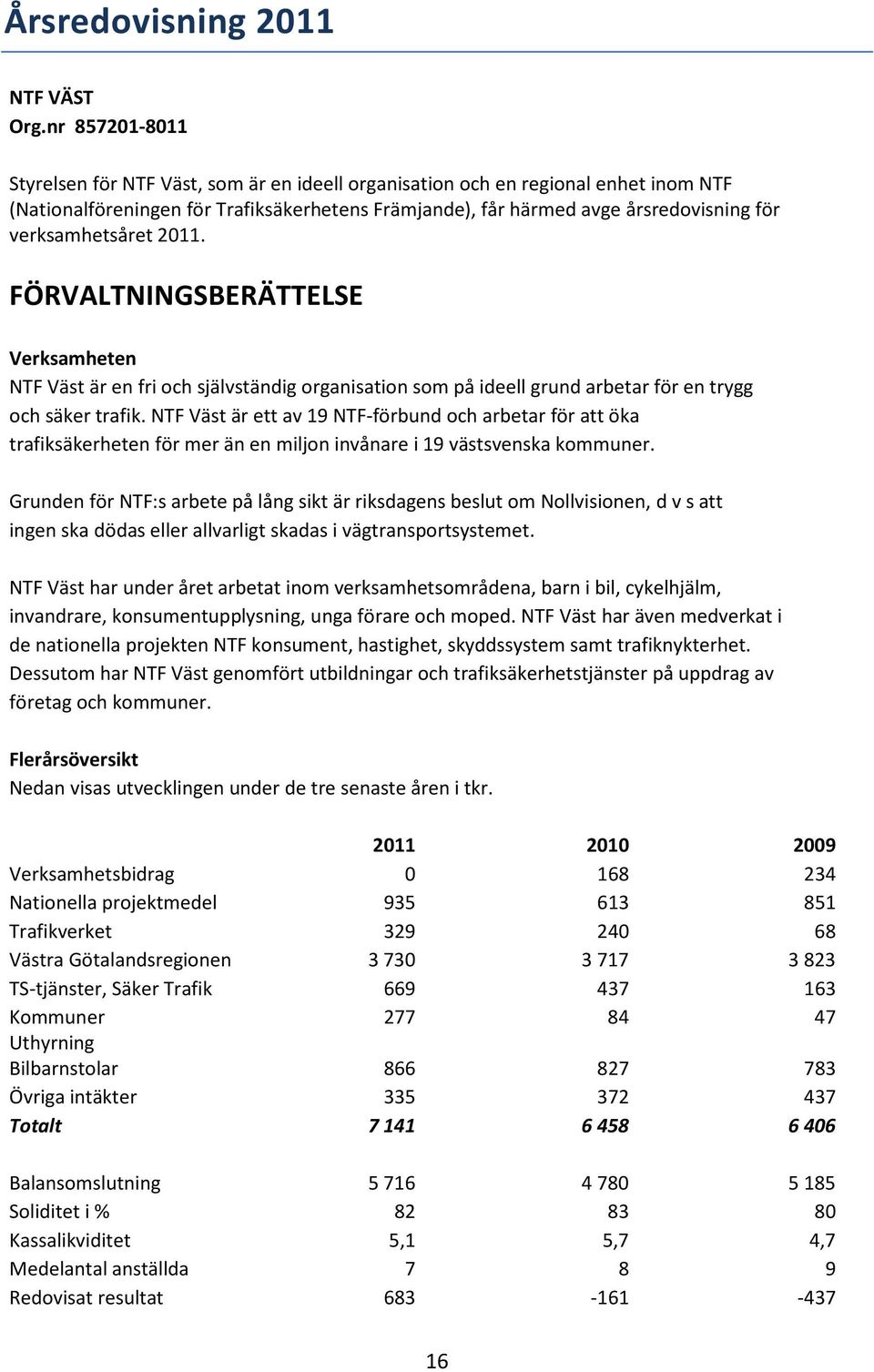 verksamhetsåret 2011. FÖRVALTNINGSBERÄTTELSE Verksamheten NTF Väst är en fri och självständig organisation som på ideell grund arbetar för en trygg och säker trafik.