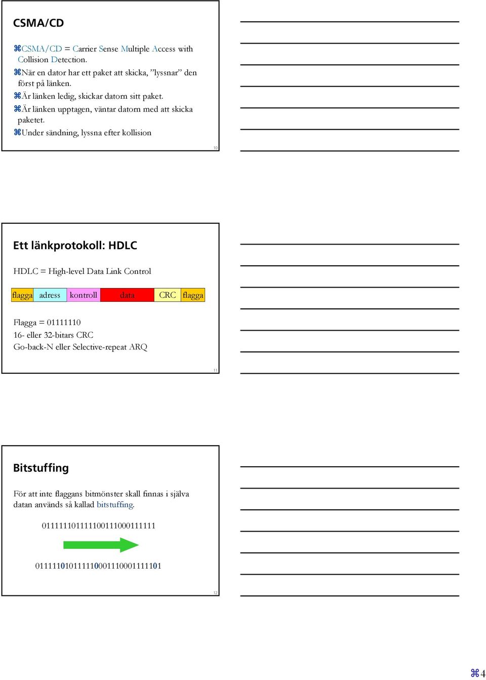 Under sändning, lyssna efter kollision 10 Ett länkprotokoll: HDLC HDLC = High-level Data Link Control flagga adress kontroll data CRC flagga Flagga = 01111110