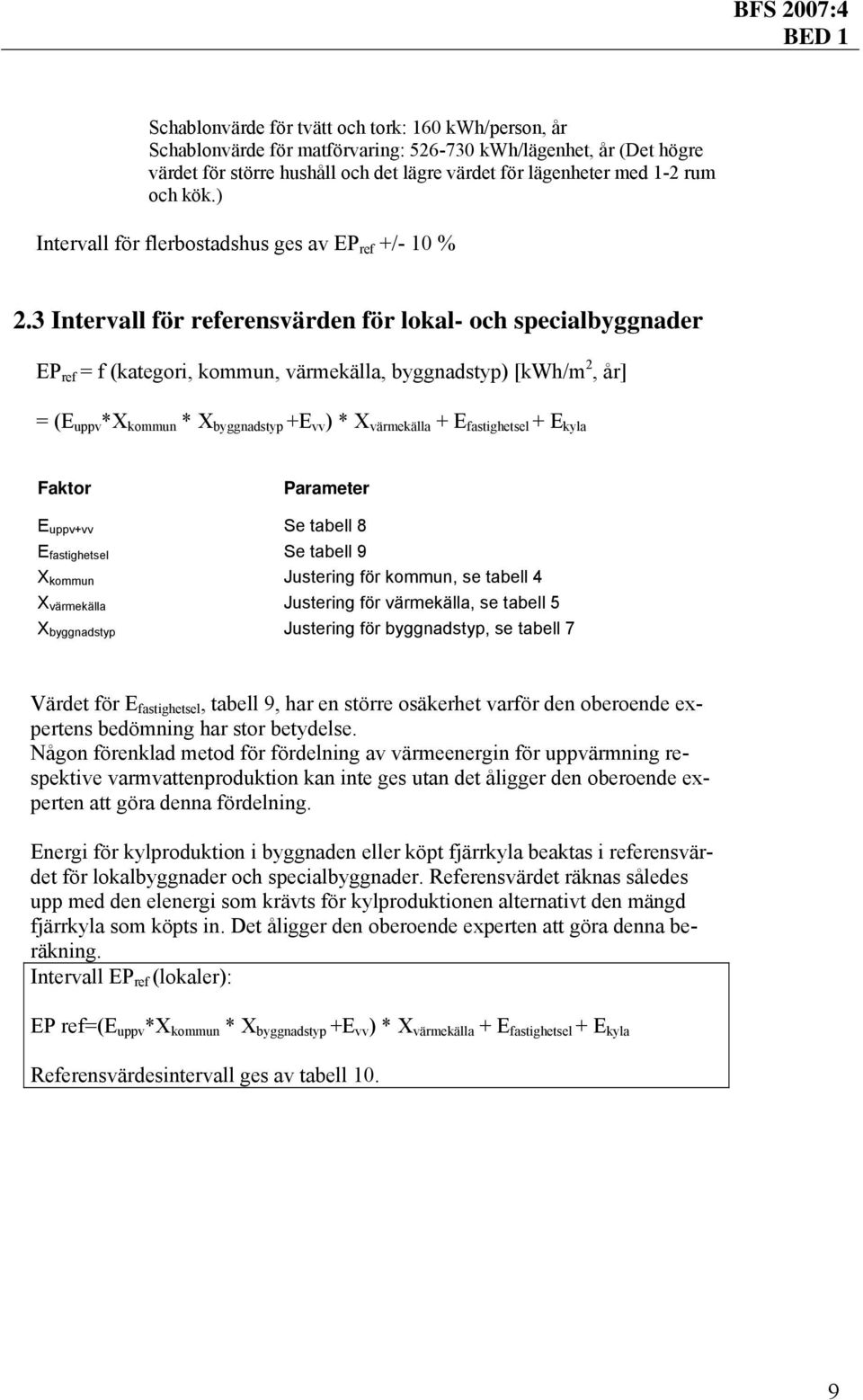 3 Intervall för referensvärden för lokal- och specialbyggnader EP ref = f (kategori, kommun, värmekälla, byggnadstyp) [kwh/m 2, år] = (E uppv *X kommun * X byggnadstyp +E vv ) * X värmekälla + E