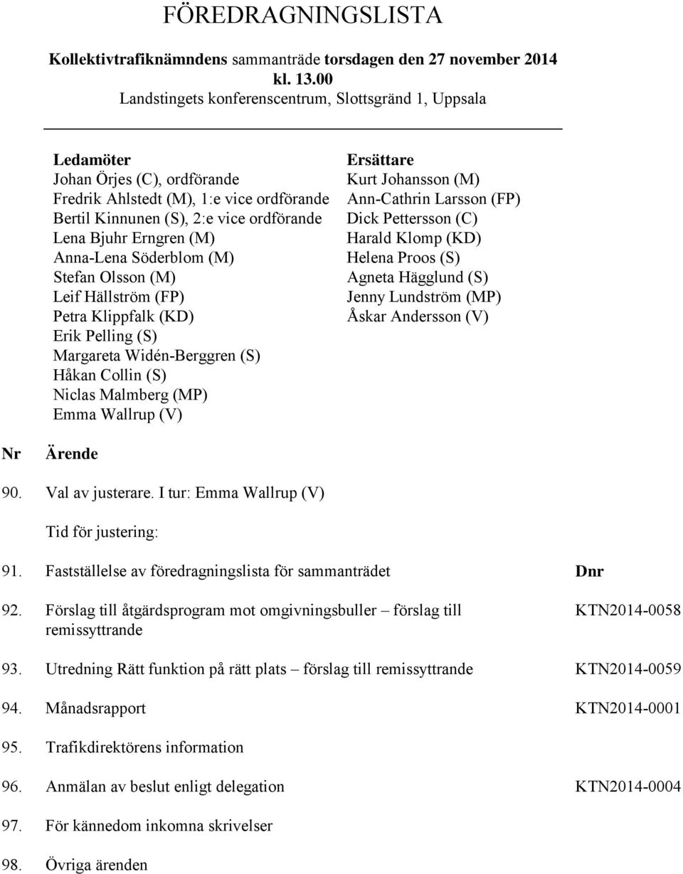 (M) Anna-Lena Söderblom (M) Stefan Olsson (M) Leif Hällström (FP) Petra Klippfalk (KD) Erik Pelling (S) Margareta Widén-Berggren (S) Håkan Collin (S) Niclas Malmberg (MP) Emma Wallrup (V) Ersättare