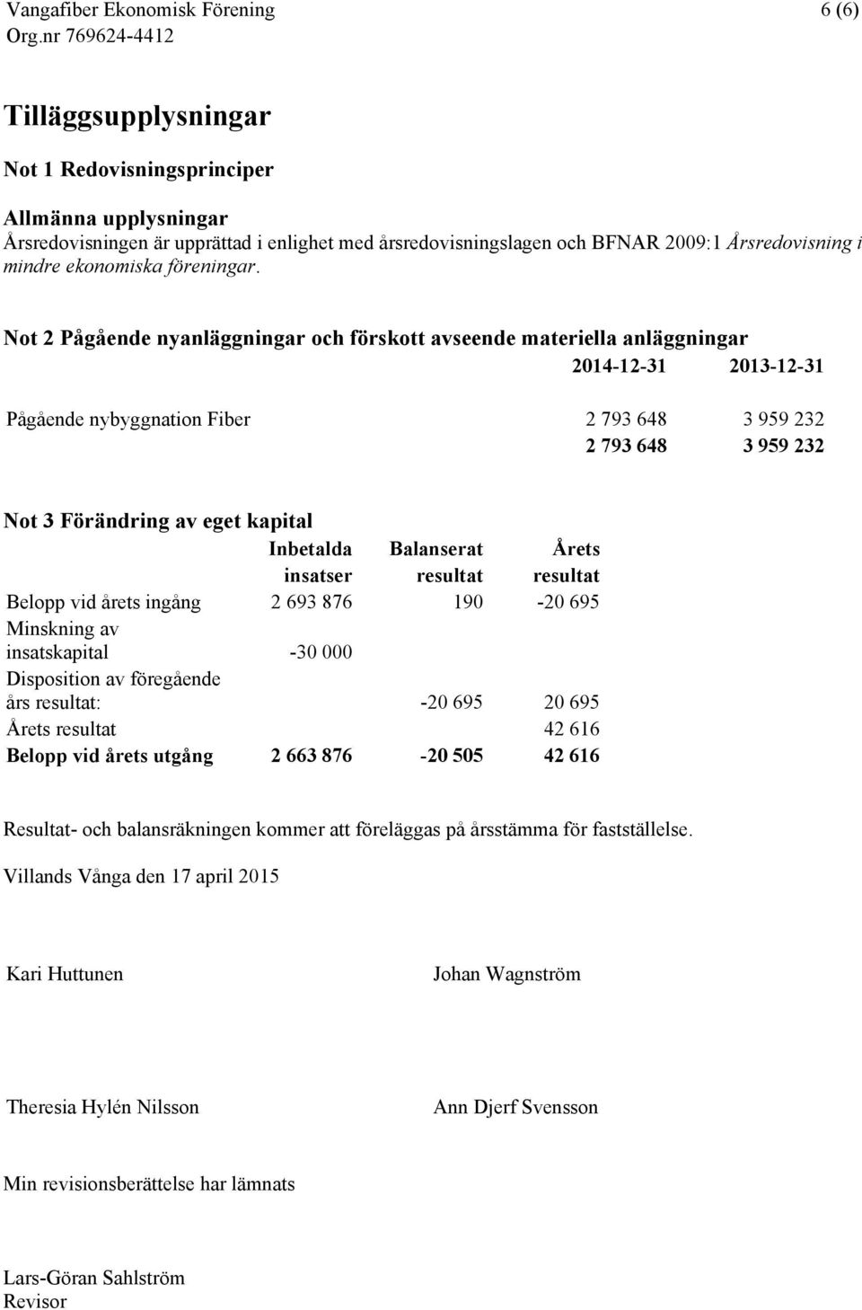 Not 2 Pågående nyanläggningar och förskott avseende materiella anläggningar 2014-12-31 2013-12-31 Pågående nybyggnation Fiber 2 793 648 3 959 232 2 793 648 3 959 232 Not 3 Förändring av eget kapital