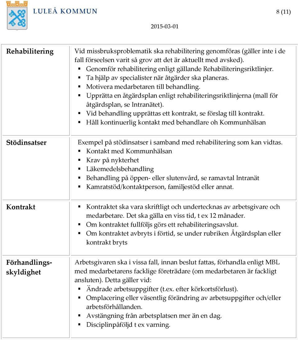 Upprätta en åtgärdsplan enligt rehabiliteringsriktlinjerna (mall för åtgärdsplan, se Intranätet). Vid behandling upprättas ett kontrakt, se förslag till kontrakt.