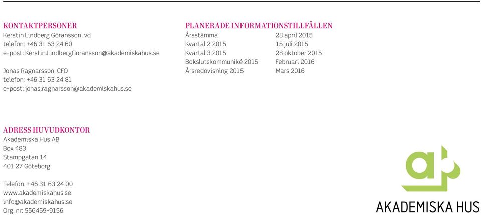 se PLANERADE INFORMATIONSTILLFÄLLEN Årsstämma 28 april 215 Kvartal 2 215 15 juli 215 Kvartal 3 215 28 oktober 215 Bokslutskommuniké 215