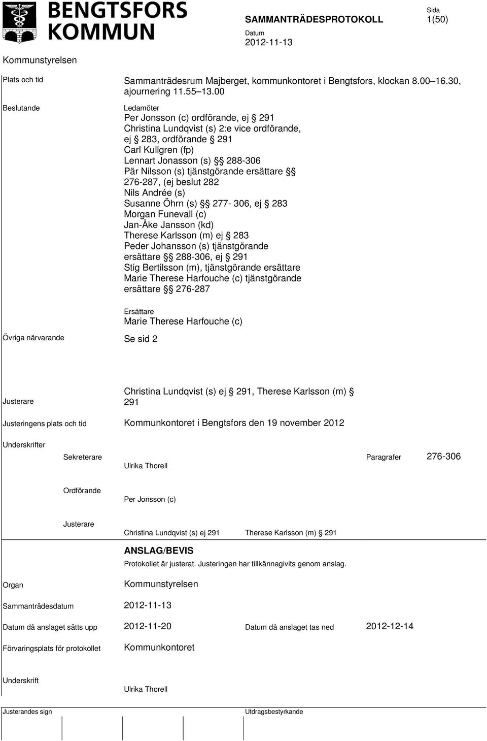 tjänstgörande ersättare 276-287, (ej beslut 282 Nils Andrée (s) Susanne Öhrn (s) 277-306, ej 283 Morgan Funevall (c) Jan-Åke Jansson (kd) Therese Karlsson (m) ej 283 Peder Johansson (s) tjänstgörande