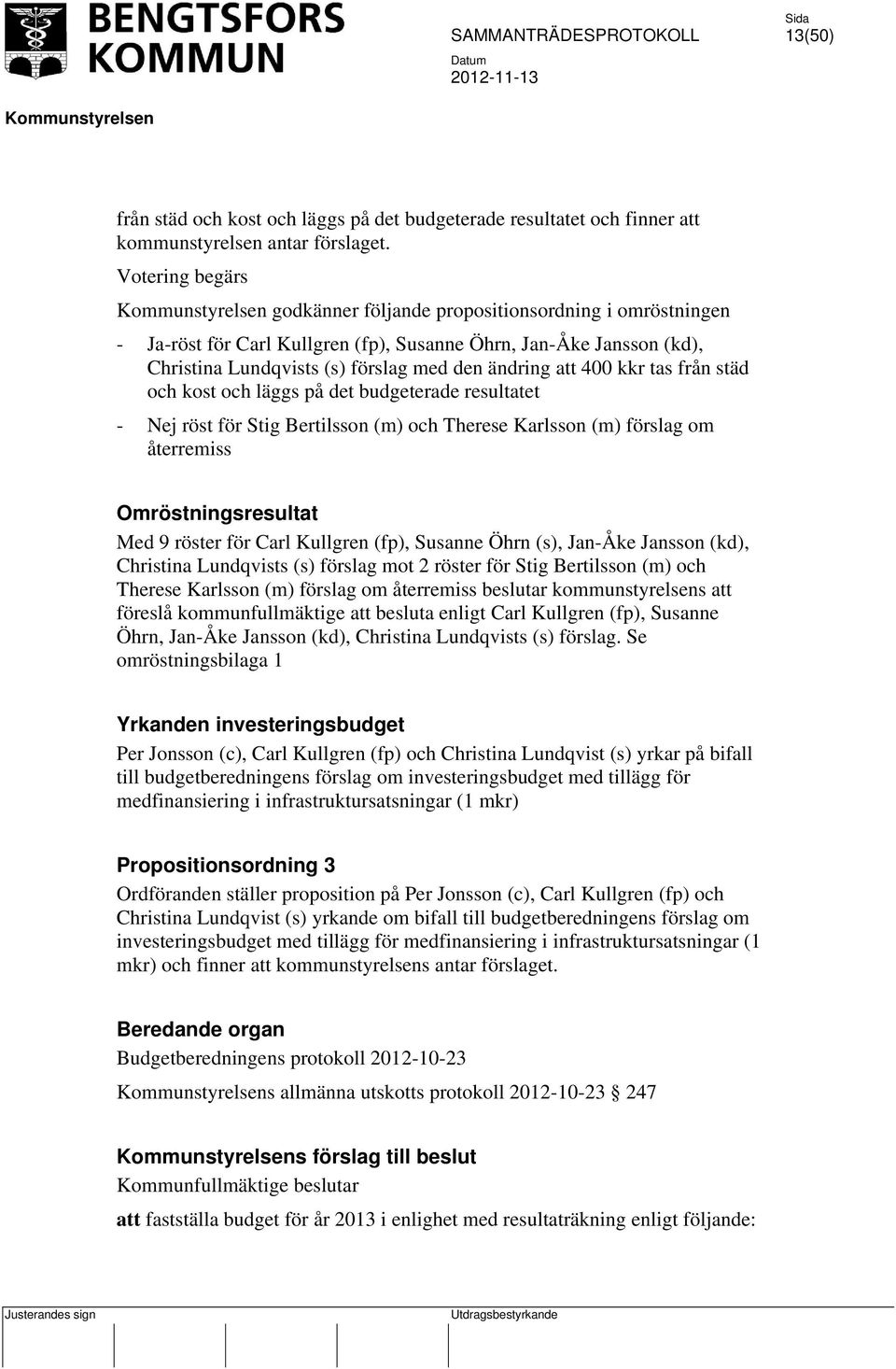 kkr tas från städ och kost och läggs på det budgeterade resultatet - Nej röst för Stig Bertilsson (m) och Therese Karlsson (m) förslag om återremiss Omröstningsresultat Med 9 röster för Carl Kullgren