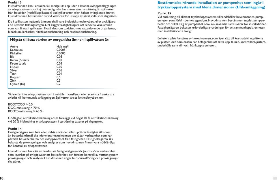 De i spillvatten ingående ämnena skall vara biologiskt nedbrytbara eller avskiljbara i de kemiska fällningsstegen.