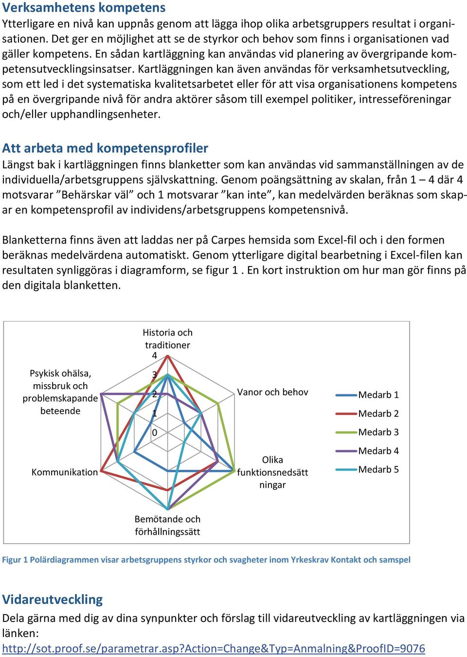 Kartläggningen kan även användas för verksamhetsutveckling, som ett led i det systematiska kvalitetsarbetet eller för att visa organisationens kompetens på en övergripande nivå för andra aktörer