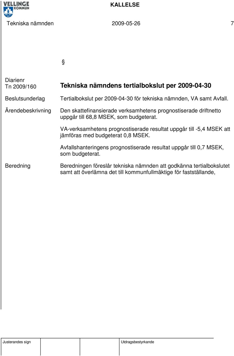 VA-verksamhetens prognostiserade resultat uppgår till -5,4 MSEK att jämföras med budgeterat 0,8 MSEK.