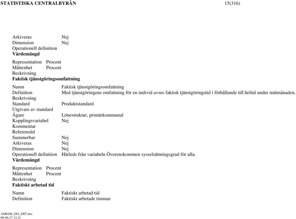 Beskrivning Standard Produktstandard Utgivare av standard Ägare Lönestruktur, primärkommunal Kopplingsvariabel Nej Kommentar Referenstid Summerbar Nej Arkiveras Nej Dimension Nej Operationell