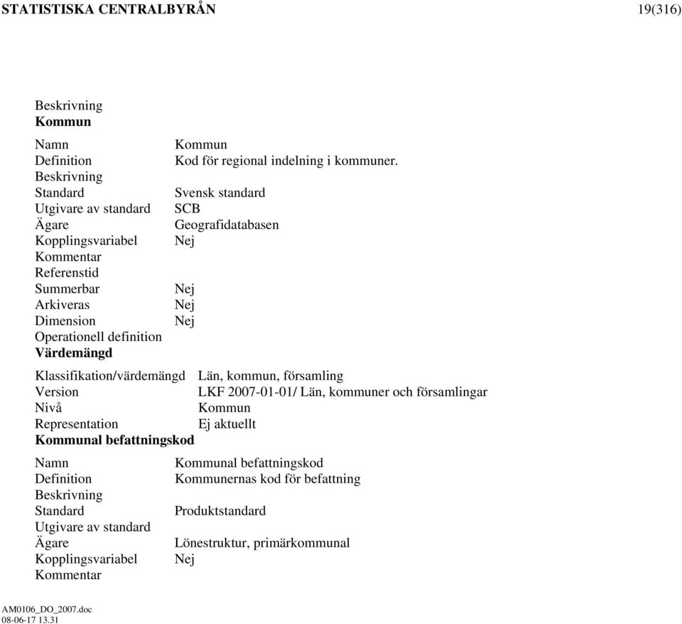 Svensk standard SCB Geografidatabasen Nej Nej Nej Nej Klassifikation/värdemängd Län, kommun, församling Version LKF 2007-01-01/ Län, kommuner och församlingar Nivå Kommun