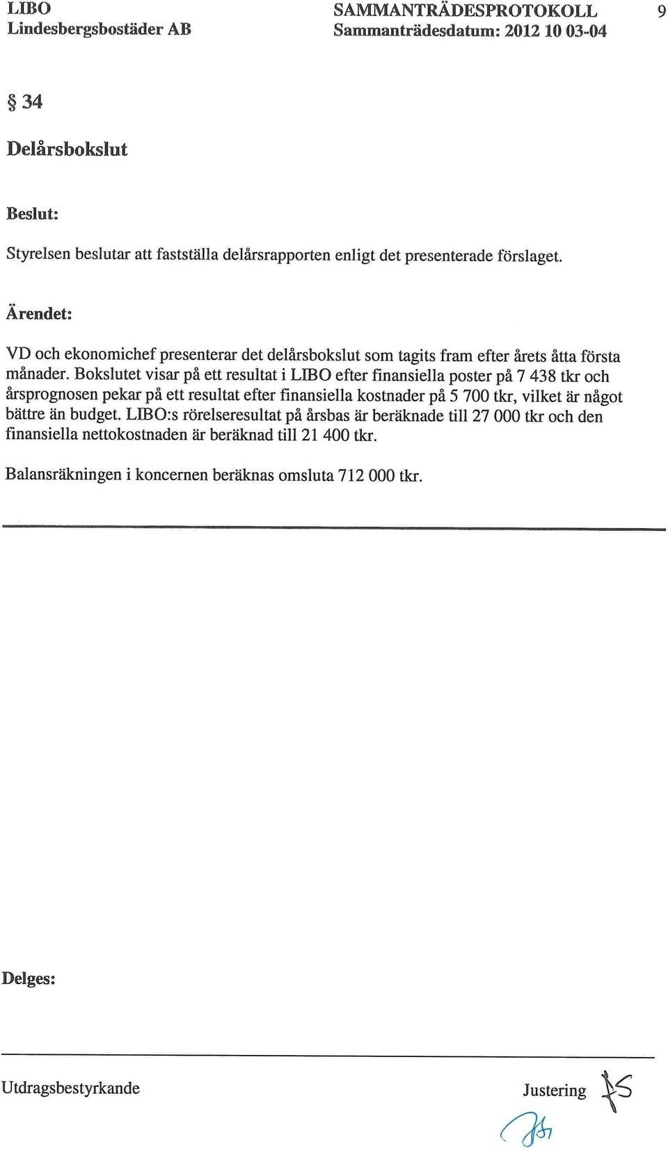 Bokslutet visar på ett resultat i LIBO efter finansiella poster på 7 438 tkr och årsprognosen pekar på ett resultat efter finansiella kostnader på 5 700