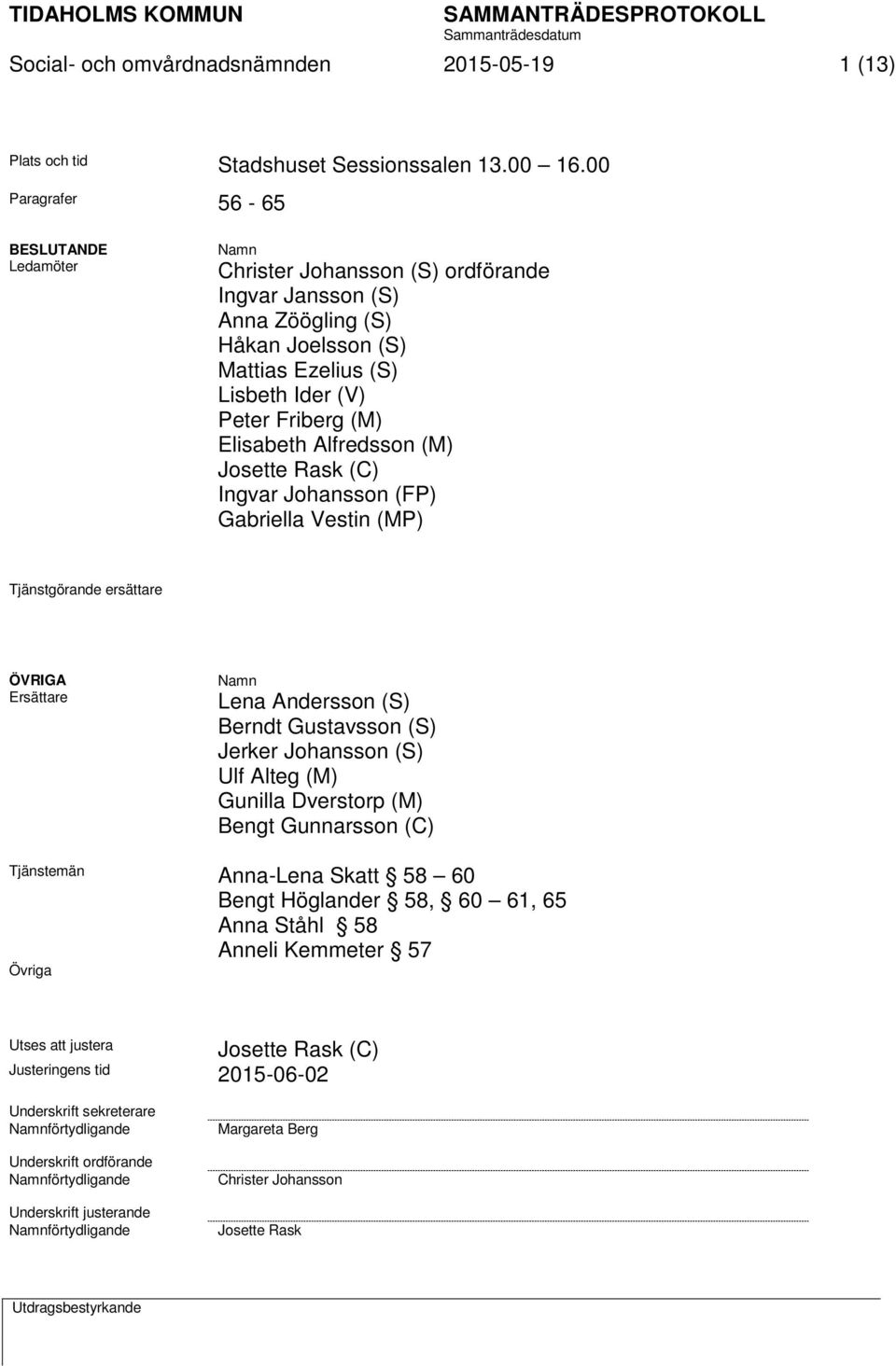 Elisabeth Alfredsson (M) Josette Rask (C) Ingvar Johansson (FP) Gabriella Vestin (MP) Tjänstgörande ersättare ÖVRIGA Ersättare Namn Lena Andersson (S) Berndt Gustavsson (S) Jerker Johansson (S) Ulf