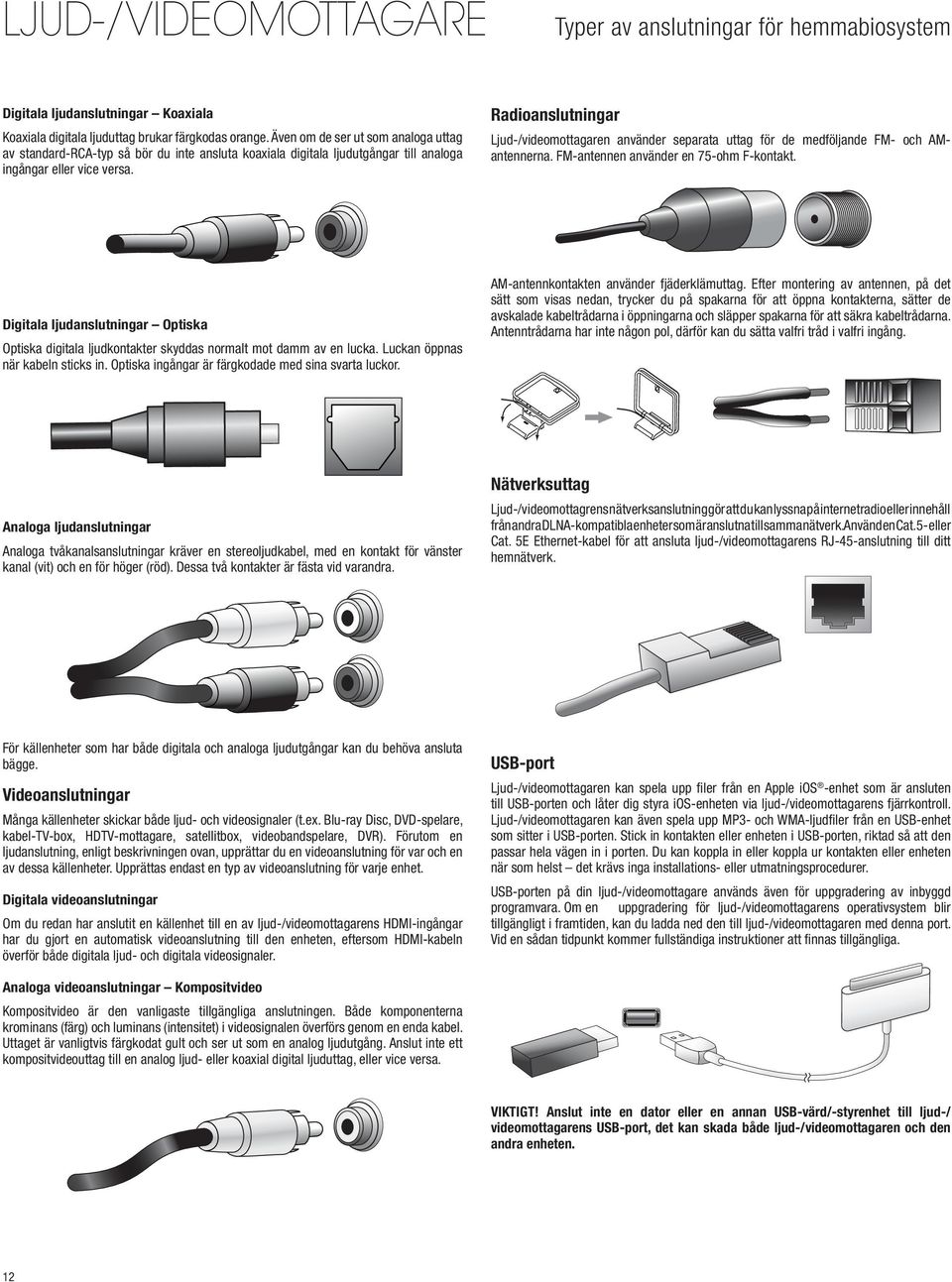 Radioanslutningar Ljud-/videomottagaren använder separata uttag för de medföljande FM- och AMantennerna. FM-antennen använder en 75-ohm F-kontakt.