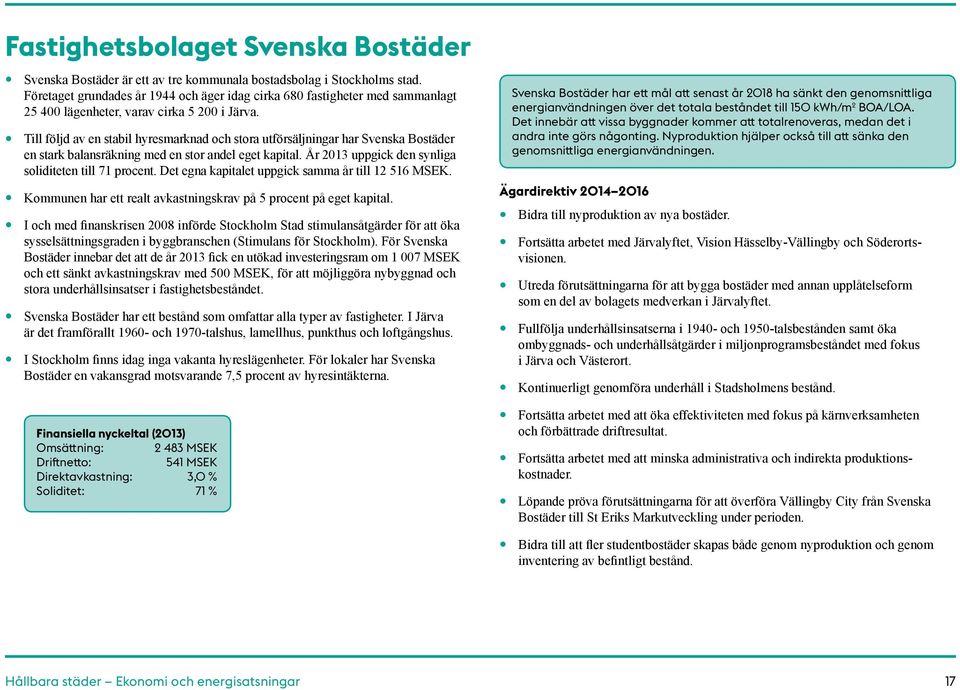 Till följd av en stabil hyresmarknad och stora utförsäljningar har Svenska Bostäder en stark balansräkning med en stor andel eget kapital. År 2013 uppgick den synliga soliditeten till 71 procent.
