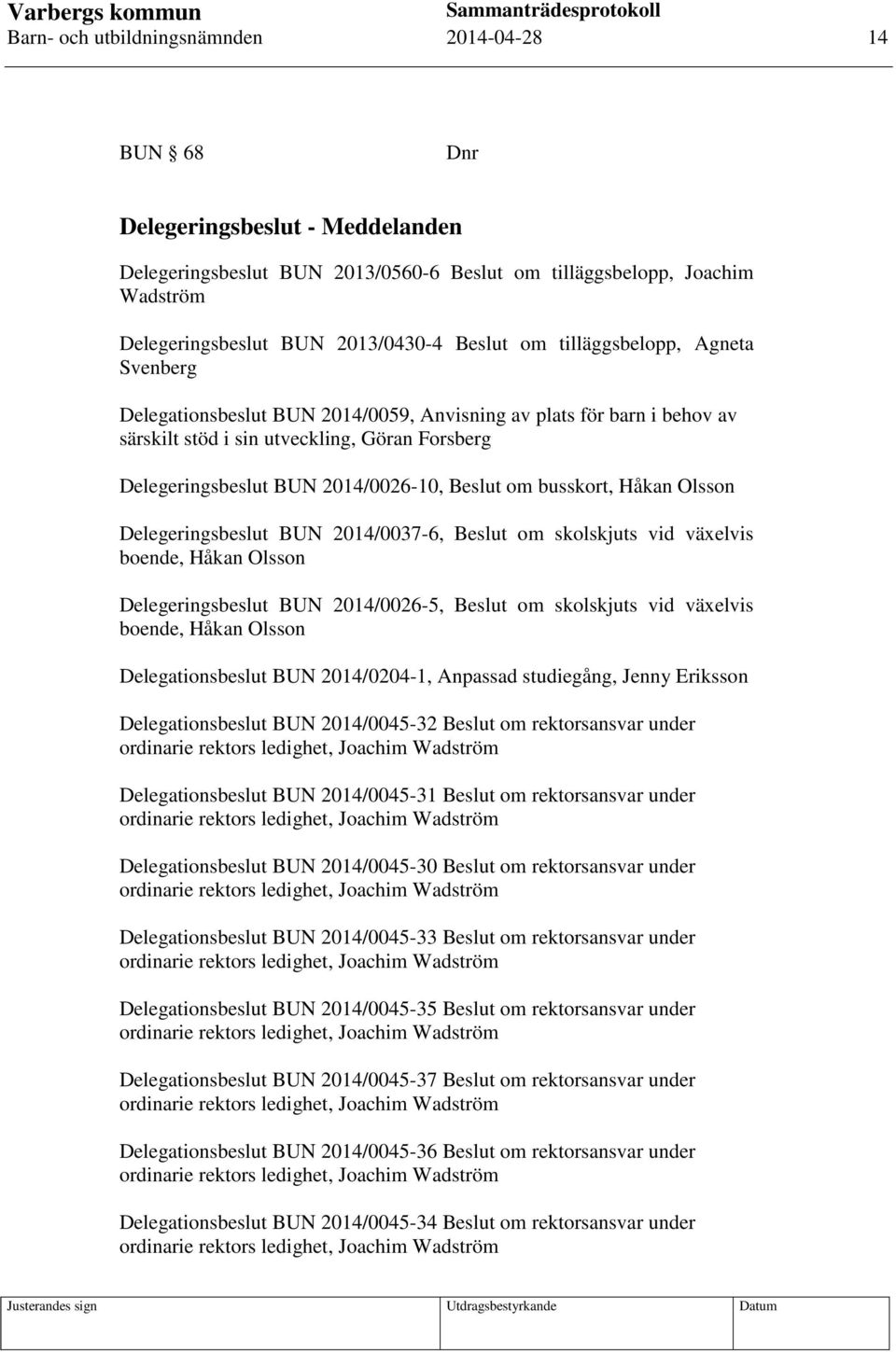 Beslut om busskort, Håkan Olsson Delegeringsbeslut BUN 2014/0037-6, Beslut om skolskjuts vid växelvis boende, Håkan Olsson Delegeringsbeslut BUN 2014/0026-5, Beslut om skolskjuts vid växelvis boende,