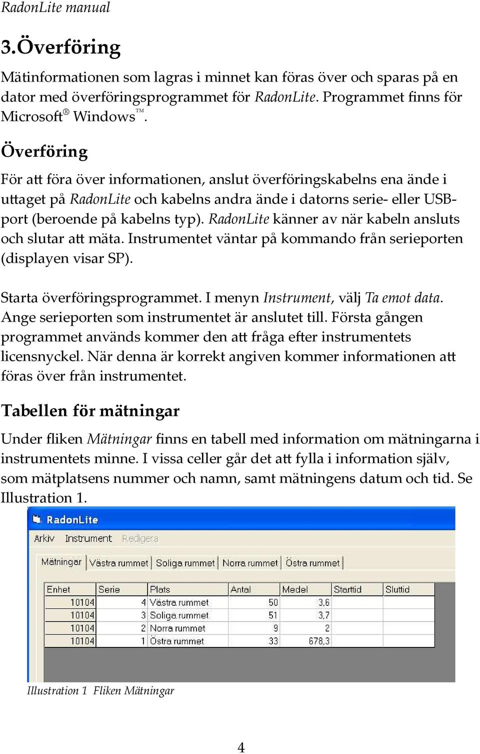 RadonLite känner av när ka eln ansluts och slutar at mäta. Instrumentet väntar på kommando från serieporten (displayen visar SP). Starta överföringsprogrammet. I menyn Instrument, välj Ta emot data.