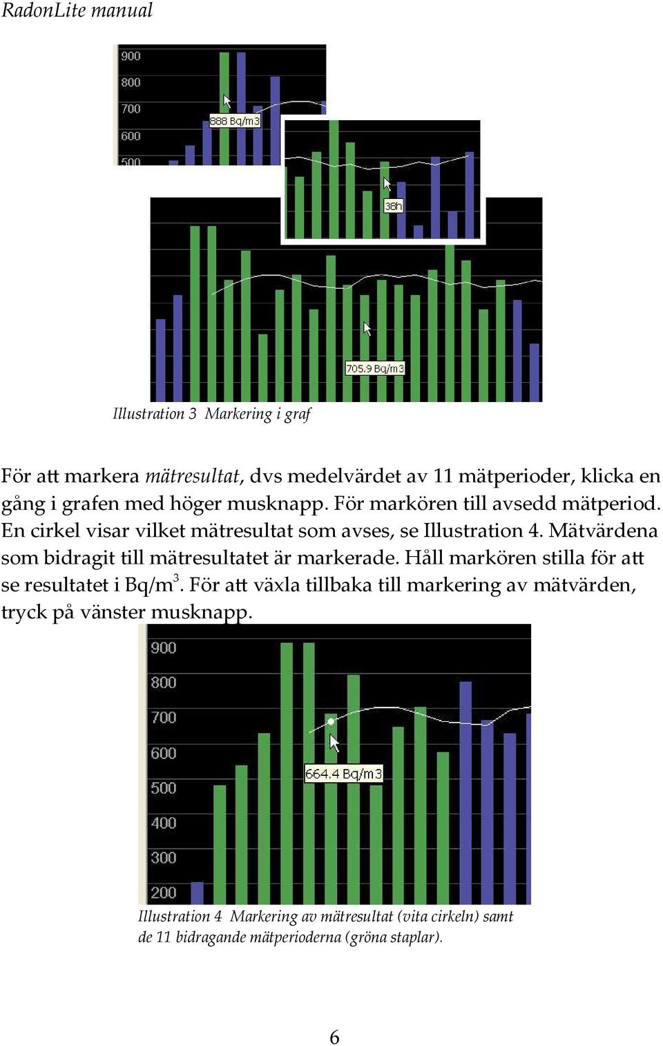 Mätvärdena som idragit till mätresultatet är markerade. åll markören stilla för at se resultatet i Bq/m 3.