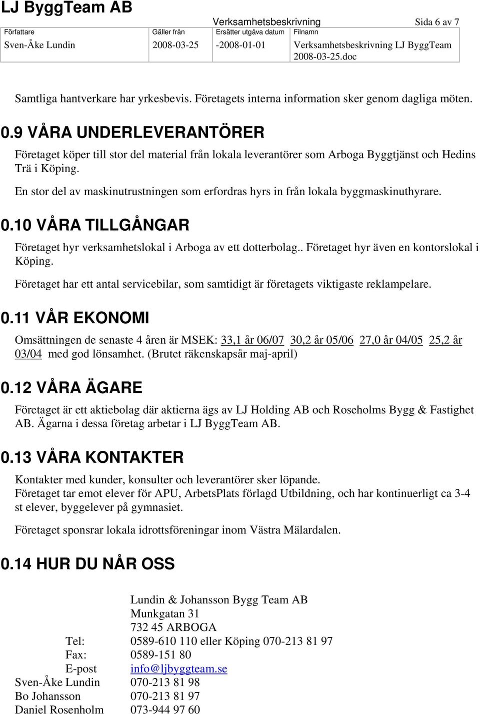 En stor del av maskinutrustningen som erfordras hyrs in från lokala byggmaskinuthyrare. 10B0.10 VÅRA TILLGÅNGAR Företaget hyr verksamhetslokal i Arboga av ett dotterbolag.