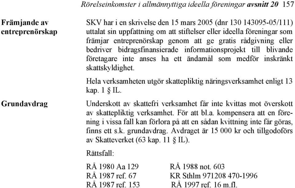 ändamål som medför inskränkt skattskyldighet. Hela verksamheten utgör skattepliktig näringsverksamhet enligt 13 kap. 1 IL.