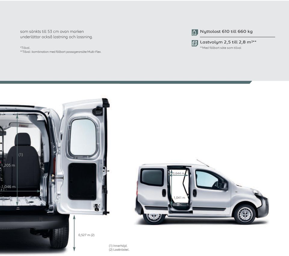kg Nyttolast 610 till 660 kg Lastvolym 2,5 till 2,8 m 3 ** **Med fällbart säte
