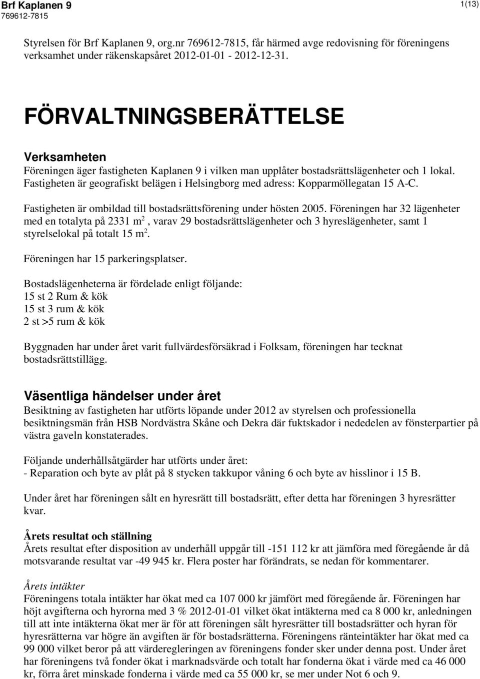 Fastigheten är geografiskt belägen i Helsingborg med adress: Kopparmöllegatan 15 A-C. Fastigheten är ombildad till bostadsrättsförening under hösten 2005.