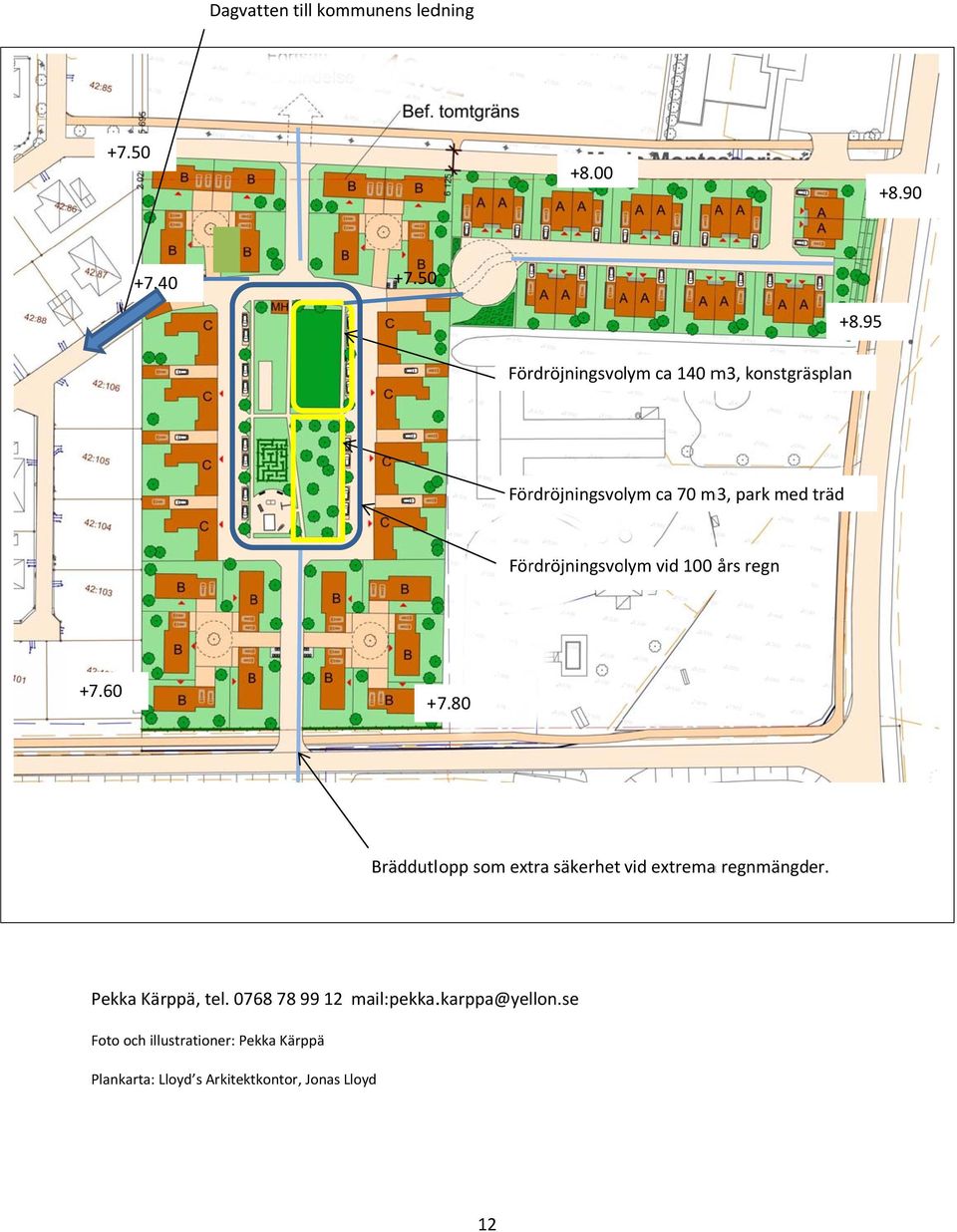 95 Fördröjningsvolym ca 140 m3, konstgräsplan Fördröjningsvolym ca 70 m3, park med träd