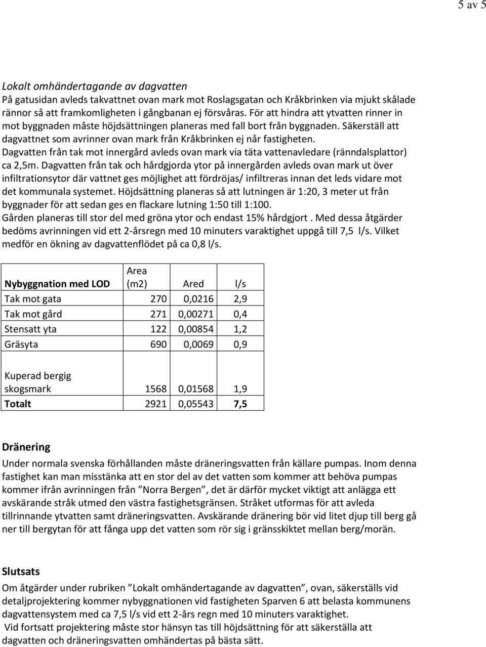 Dagvatten från tak mot innergård avleds ovan mark via täta vattenavledare (ränndalsplattor) ca 2,5m.