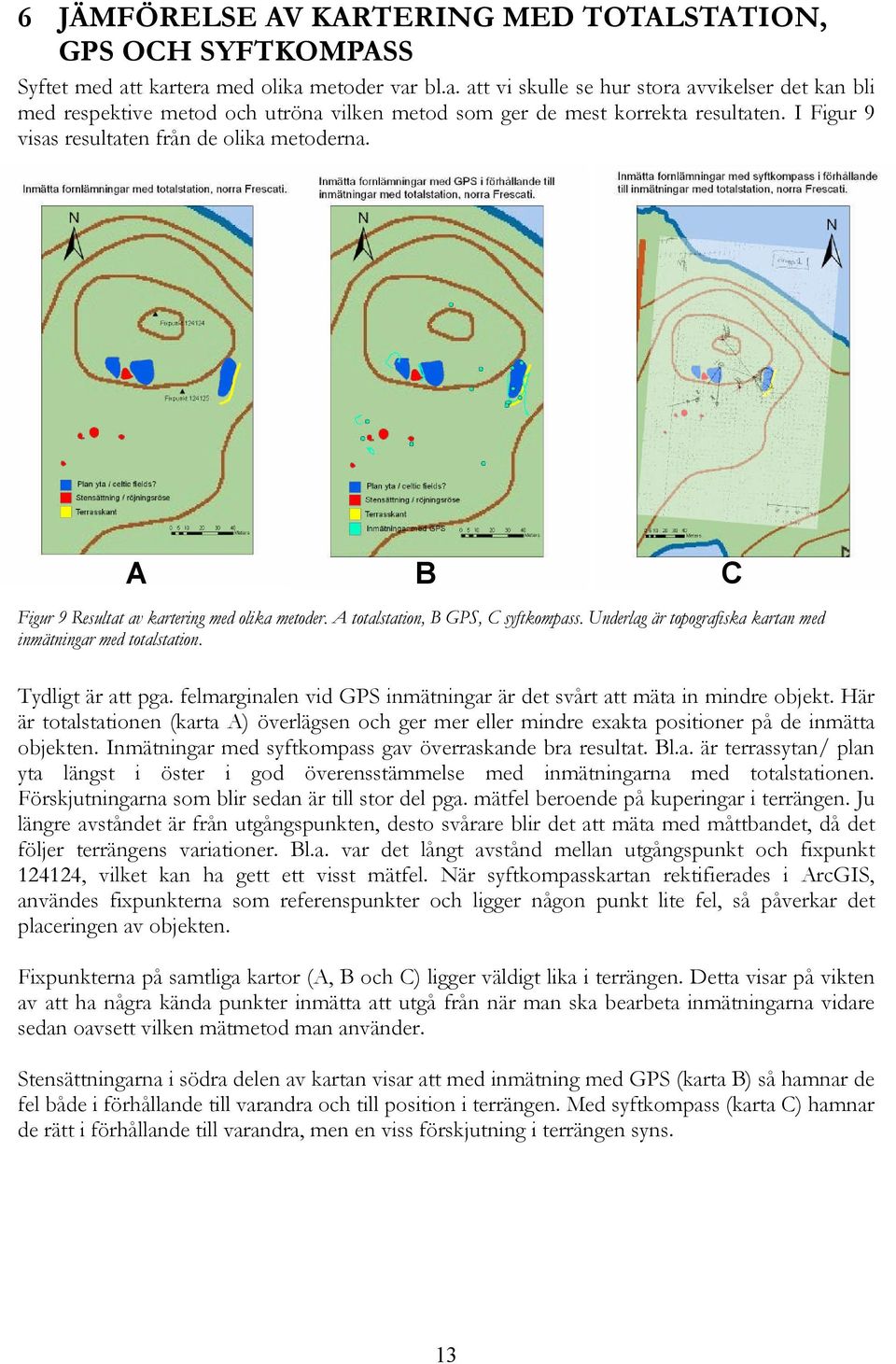 I Figur 9 visas resultaten från de olika metoderna. A B C Figur 9 Resultat av kartering med olika metoder. A totalstation, B GPS, C syftkompass.