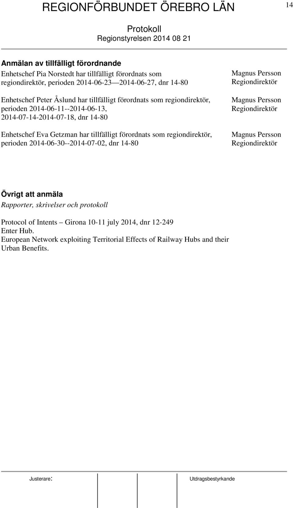 förordnats som regiondirektör, perioden 2014-06-30--2014-07-02, dnr 14-80 Magnus Persson Regiondirektör Magnus Persson Regiondirektör Magnus Persson Regiondirektör Övrigt att anmäla Rapporter,