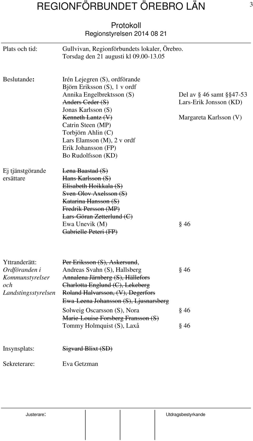 Karlsson (S) Kenneth Lantz (V) Margareta Karlsson (V) Catrin Steen (MP) Torbjörn Ahlin (C) Lars Elamson (M), 2 v ordf Erik Johansson (FP) Bo Rudolfsson (KD) Lena Baastad (S) Hans Karlsson (S)