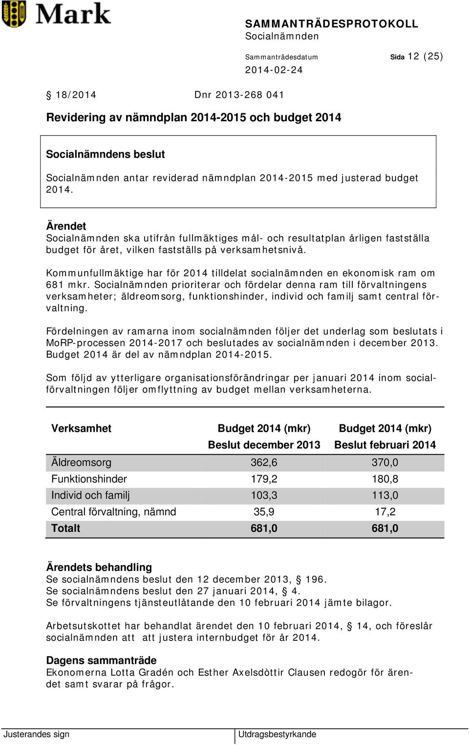 Kommunfullmäktige har för 2014 tilldelat socialnämnden en ekonomisk ram om 681 mkr.