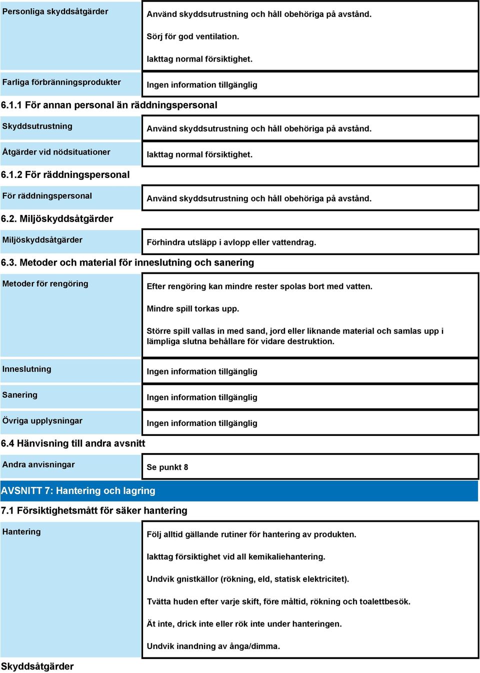 6.2. Miljöskyddsåtgärder Miljöskyddsåtgärder Förhindra utsläpp i avlopp eller vattendrag. 6.3.