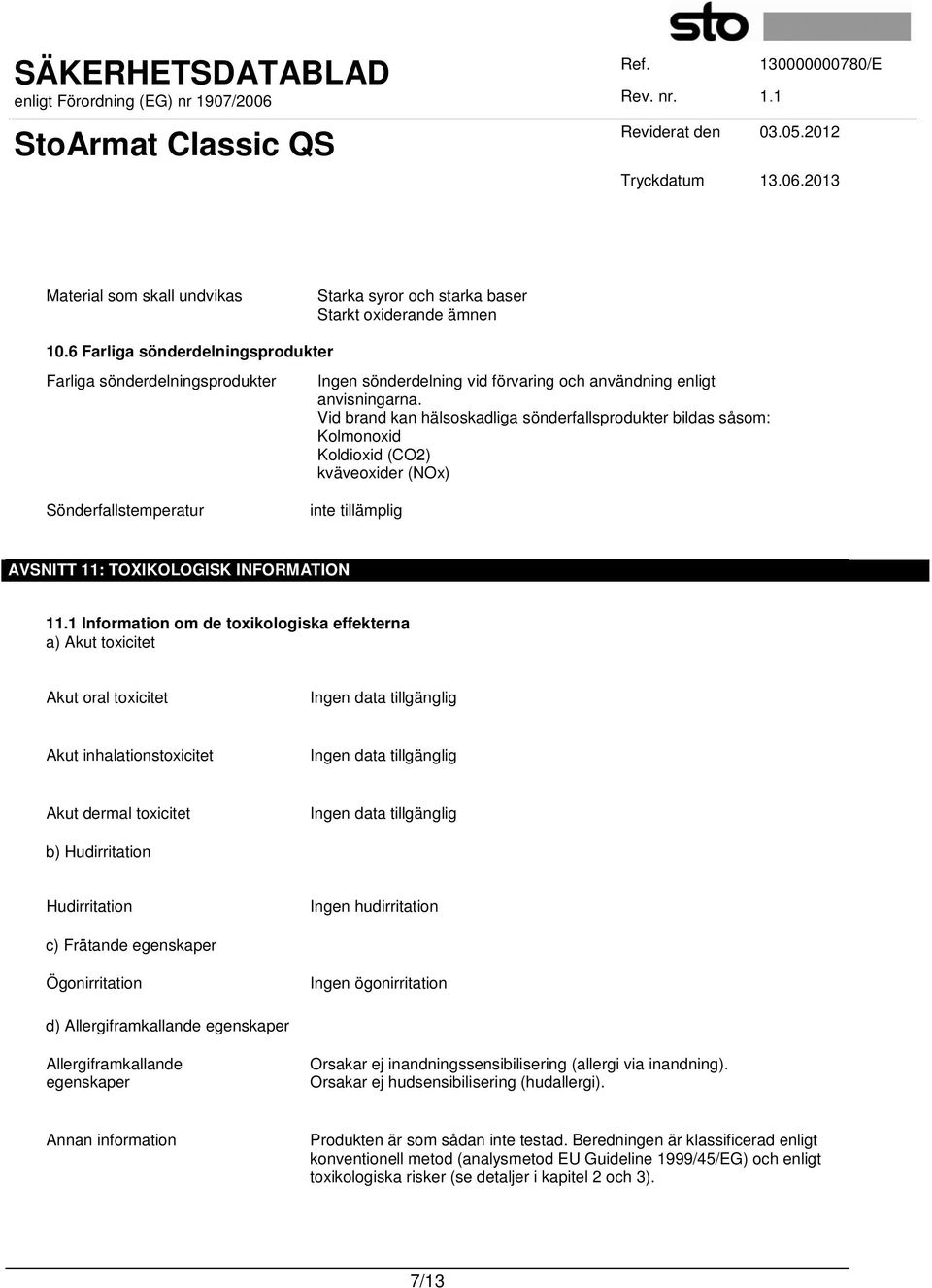 Vid brand kan hälsoskadliga sönderfallsprodukter bildas såsom: Kolmonoxid Koldioxid (CO2) kväveoxider (NOx) Sönderfallstemperatur AVSNITT 11: TOXIKOLOGISK INFORMATION 11.