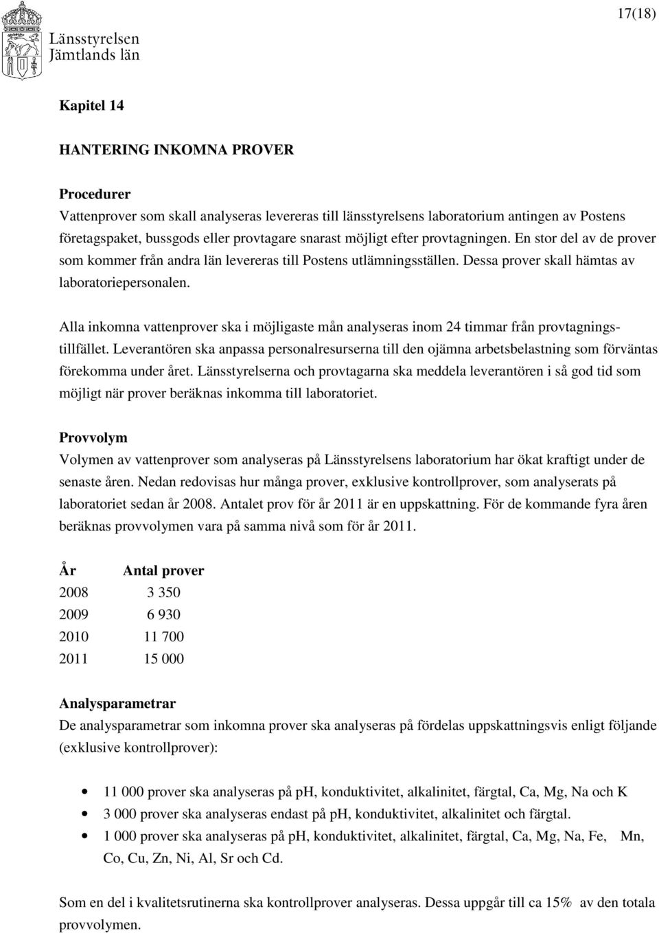 Alla inkomna vattenprover ska i möjligaste mån analyseras inom 24 timmar från provtagningstillfället.