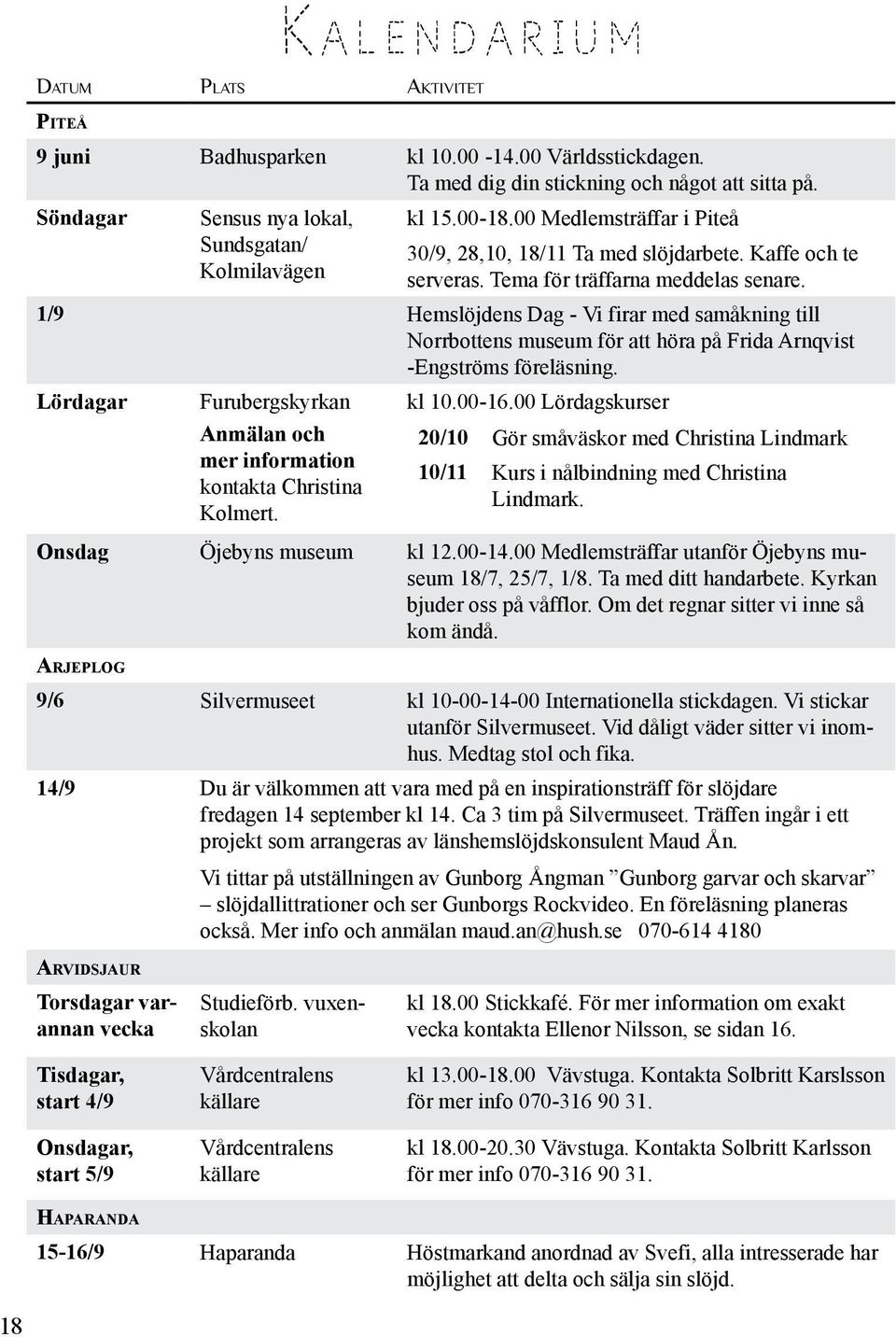 1/9 Hemslöjdens Dag - Vi firar med samåkning till Norrbottens museum för att höra på Frida Arnqvist -Engströms föreläsning. Lördagar Furubergskyrkan kl 10.00-16.