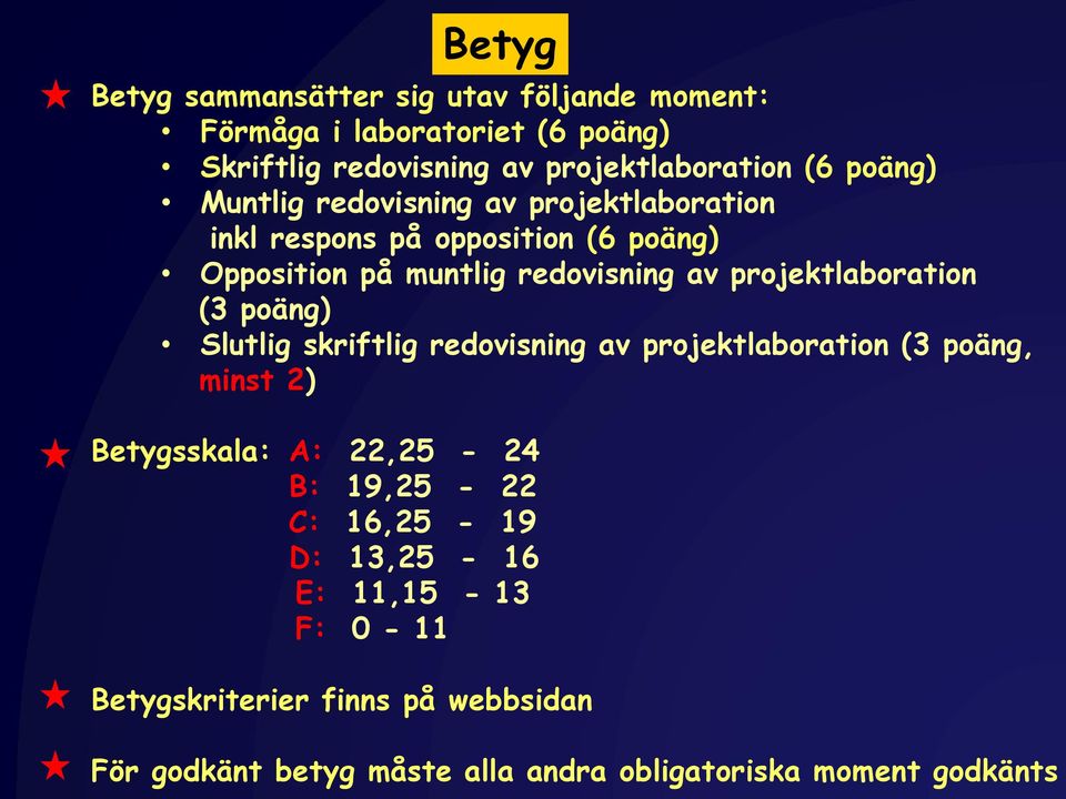 projektlaboration (3 poäng) Slutlig skriftlig redovisning av projektlaboration (3 poäng, minst 2) Betygsskala: A: 22,25-24 B: