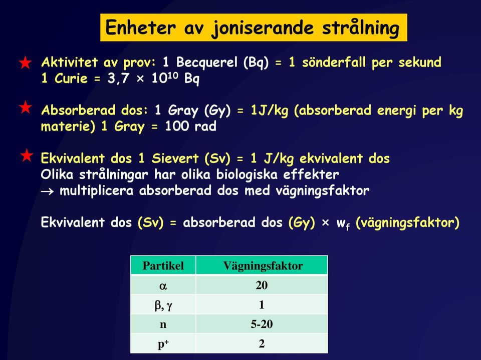 (Sv) = 1 J/kg ekvivalent dos Olika strålningar har olika biologiska effekter multiplicera absorberad dos med