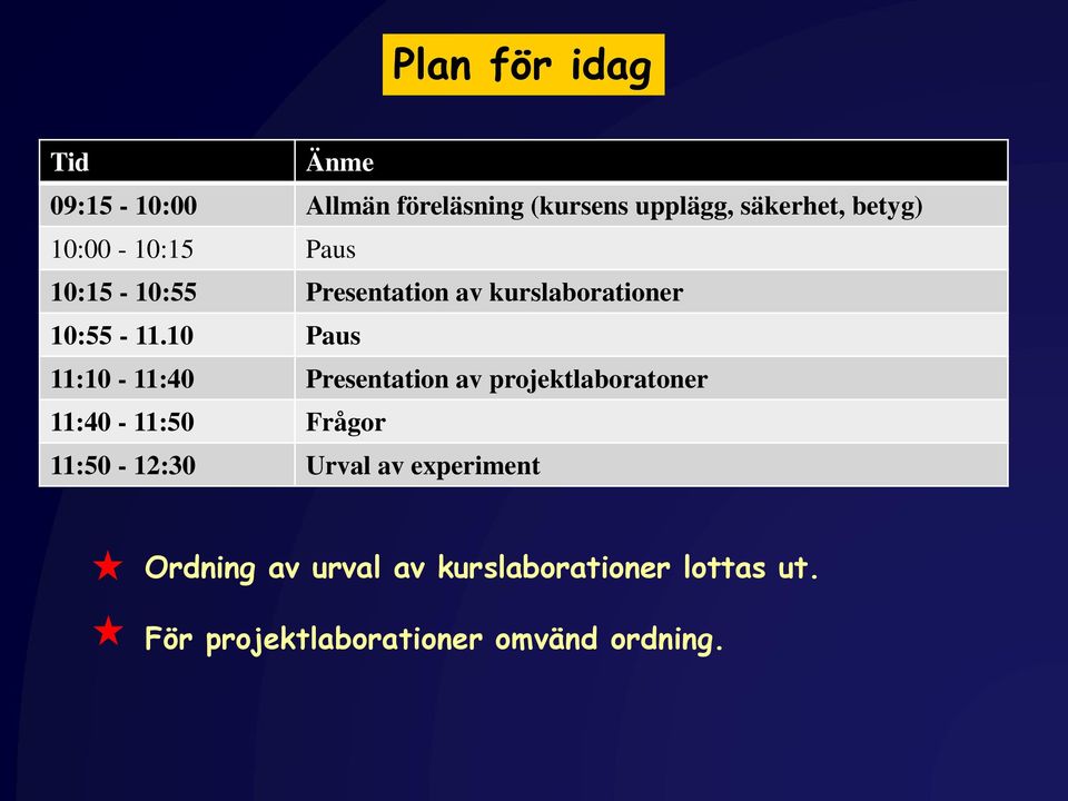 10 Paus 11:10-11:40 Presentation av projektlaboratoner 11:40-11:50 Frågor 11:50-12:30