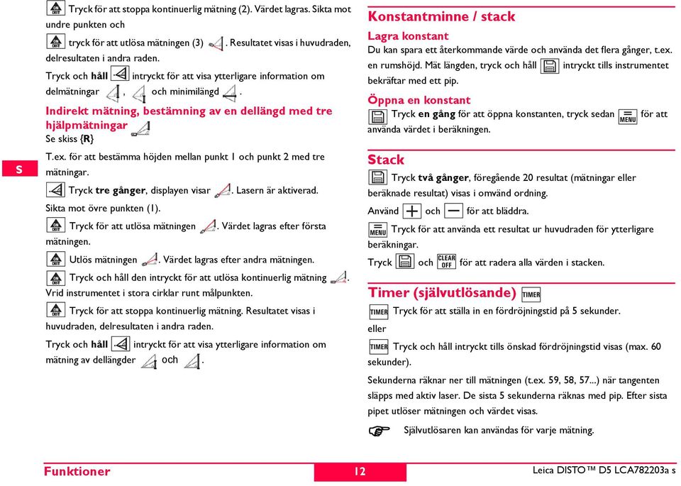 för att bestämma höjden mellan punkt 1 och punkt 2 med tre mätningar. Tryck tre gånger, displayen visar. Lasern är aktiverad. ikta mot övre punkten (1). Tryck för att utlösa mätningen.