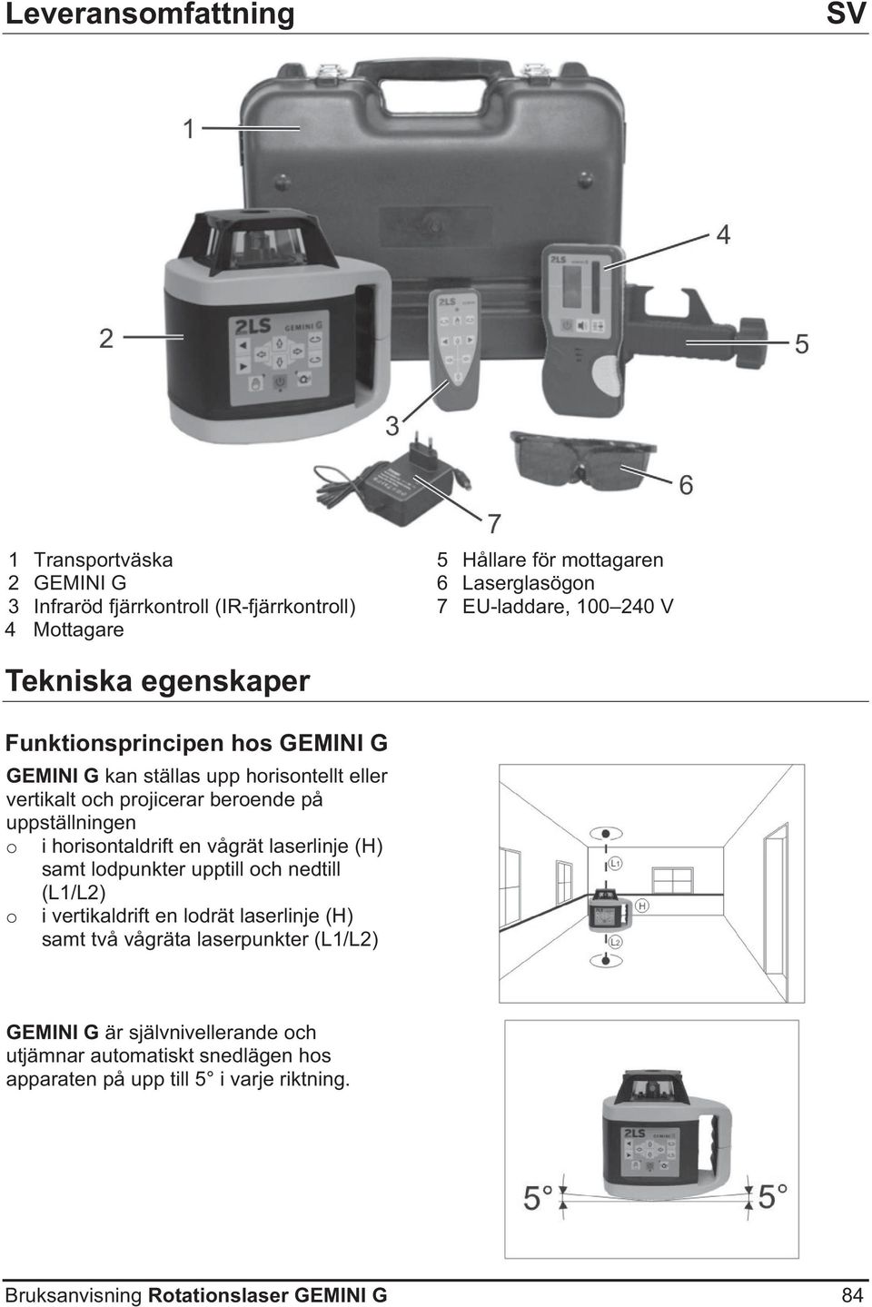 i horisontaldrift en vågrät laserlinje (H) samt lodpunkter upptill och nedtill (L1/L2) o i vertikaldrift en lodrät laserlinje (H) samt två vågräta laserpunkter